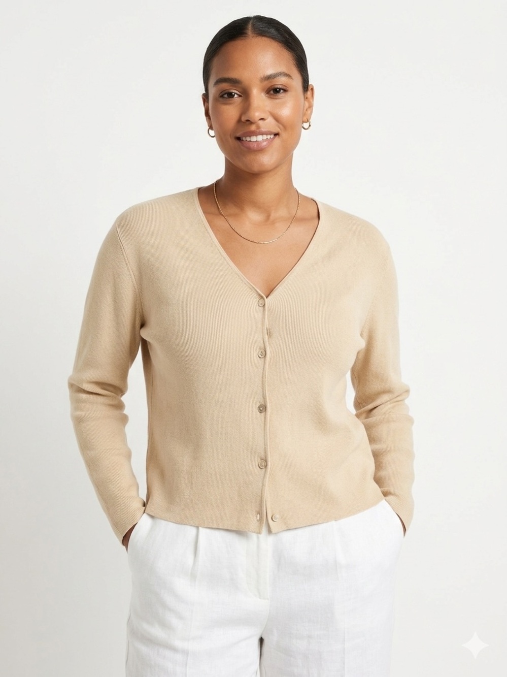 Joseph A. Women's Size Medium Tan Beige 100% Silk Button Front Cardigan Sweater